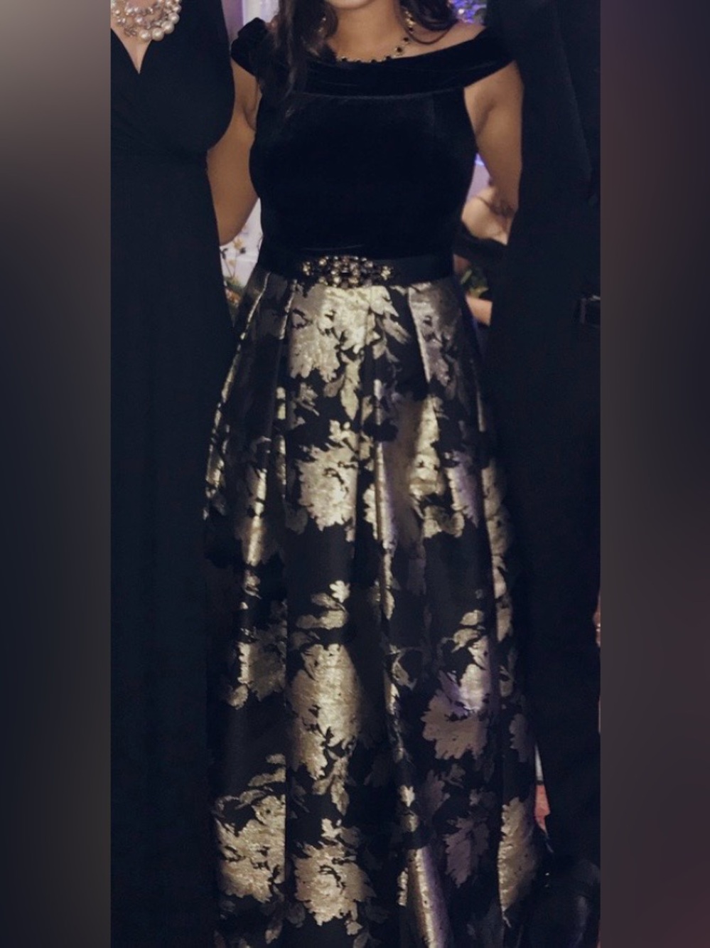 Eliza J Size 8 Black & Gold Metallic Floral Off-Shoulder Formal Dress w/ Pockets - Picture 10 of 10